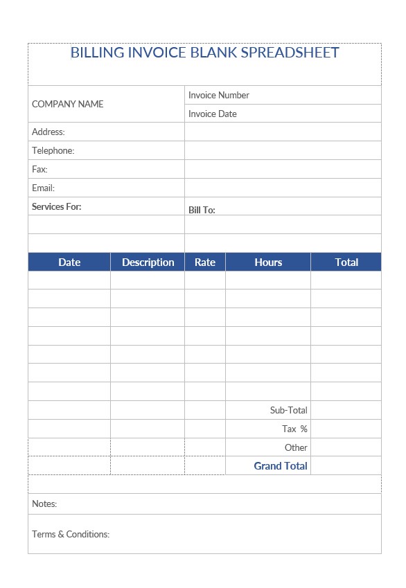 Billing Invoice Blank Spreadsheet Template PSD template